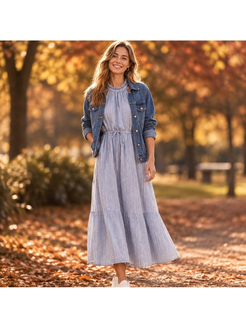 Cottagecore Small Blue Stripe Seersucker Halter Tiered Maxi Dress 4034